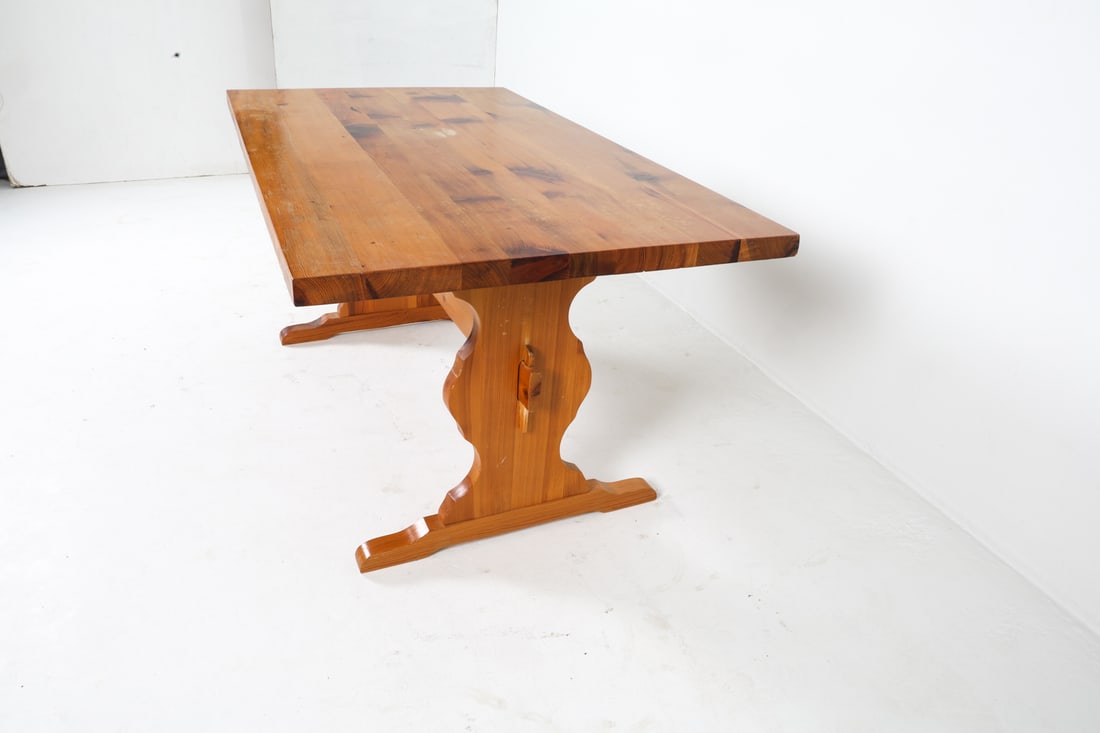 SWEDISH BRUTALIST PINE TRESTLE DINING TABLE - 12
