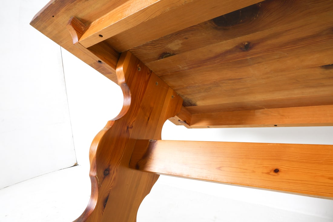 SWEDISH BRUTALIST PINE TRESTLE DINING TABLE - 16
