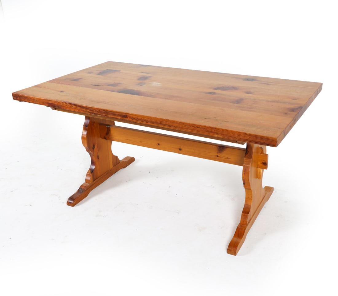 SWEDISH BRUTALIST PINE TRESTLE DINING TABLE - 2