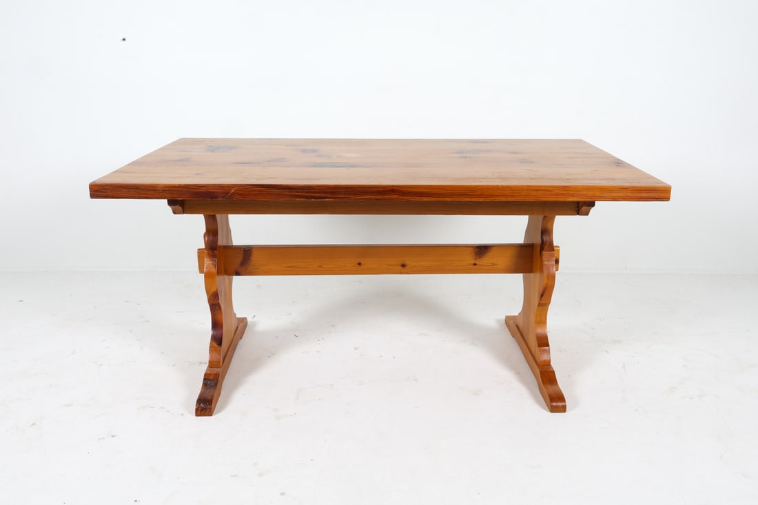 SWEDISH BRUTALIST PINE TRESTLE DINING TABLE - 3