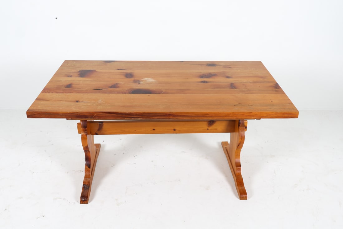 SWEDISH BRUTALIST PINE TRESTLE DINING TABLE - 4