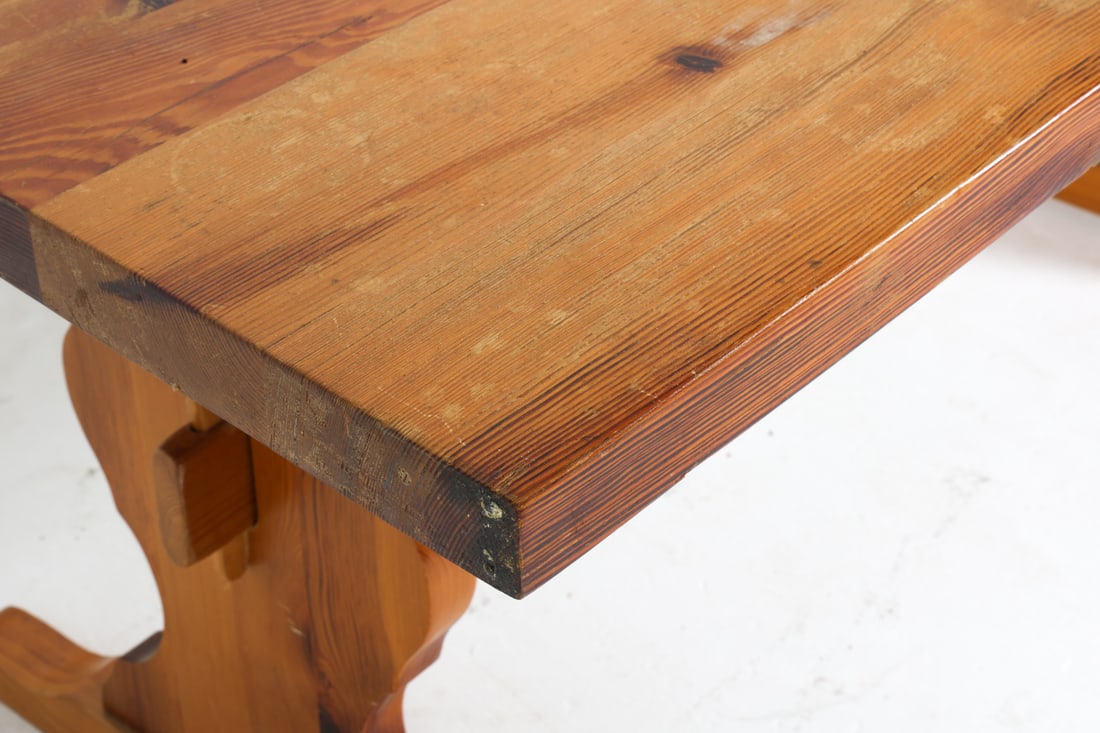 SWEDISH BRUTALIST PINE TRESTLE DINING TABLE - 7