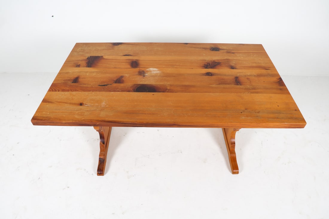 SWEDISH BRUTALIST PINE TRESTLE DINING TABLE - 8