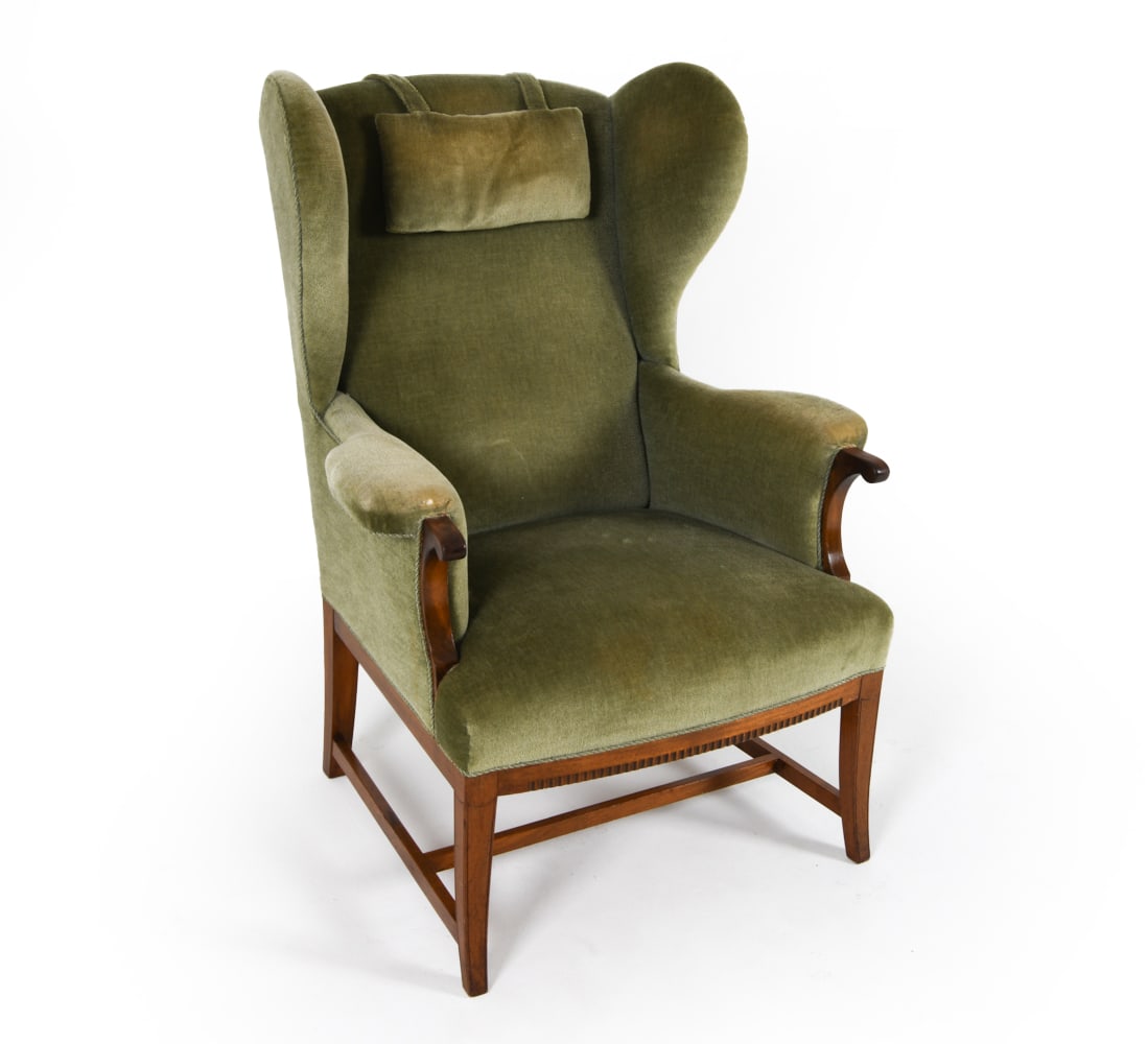 DANISH MID-CENTURY MOHAIR WINGBACK LOUNGE CHAIR: Green-tone mohair upholstery. With sculpted armrests and wood accents. Dimensions: H 43.5" x W 31.5" x D 25", SH 18" Condition: Pilling, fraying and scuffs to upholstery. Moderate musty odor to uphols