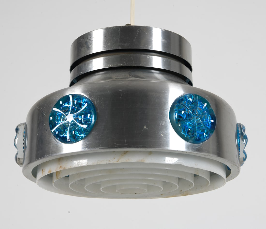 DANISH PENDANT LIGHT C. 1960S: Aluminum pendant light with blue glass prisms. Denmark, circa 1960s. Dimensions: H 6" x Dia. 10.5". Condition: Wiring untested. Minor scratches. Wear consistent with age and use. DMW111