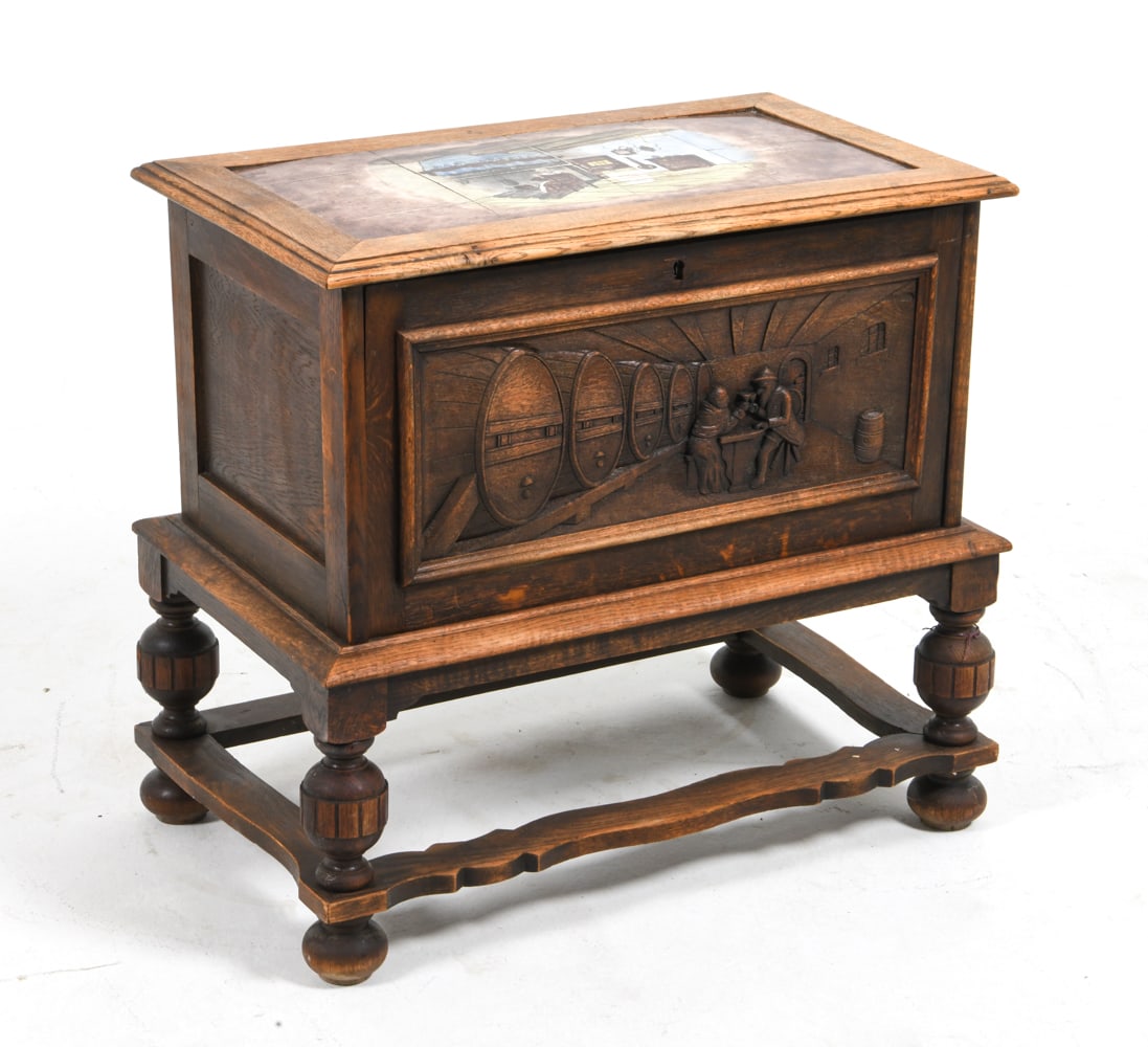 DANISH JACOBEAN STYLE OAK TRUNK ON STAND C. 1970S (1 of 13)