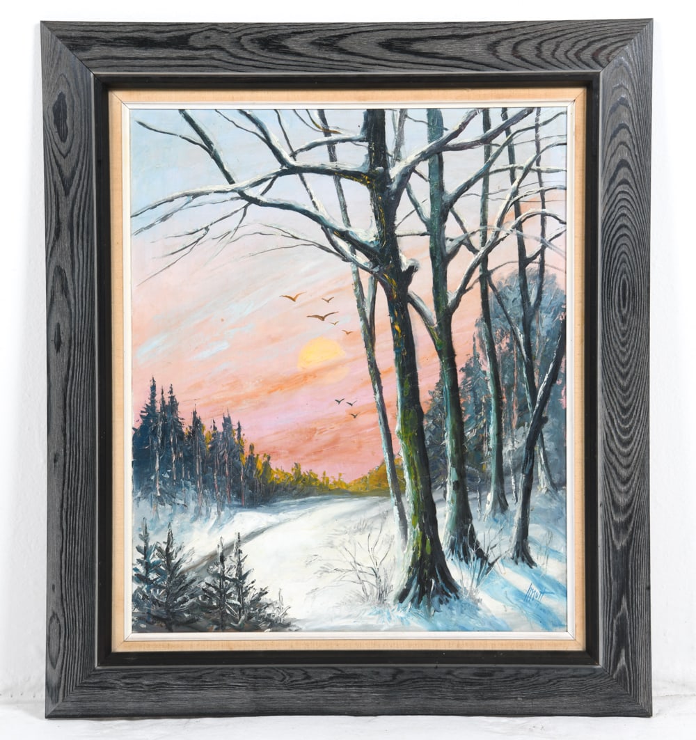 MID-CENTURY DANISH LANDSCAPE O/C: Signed to lower right corner. Winter landscape with sunset. Oil on canvas. Denmark, mid 20th century. Dimensions: Frame H 31.5" x W 27.5". Canvas H 24.5" x W 20.5". Condition: Minor scuffs to frame. H