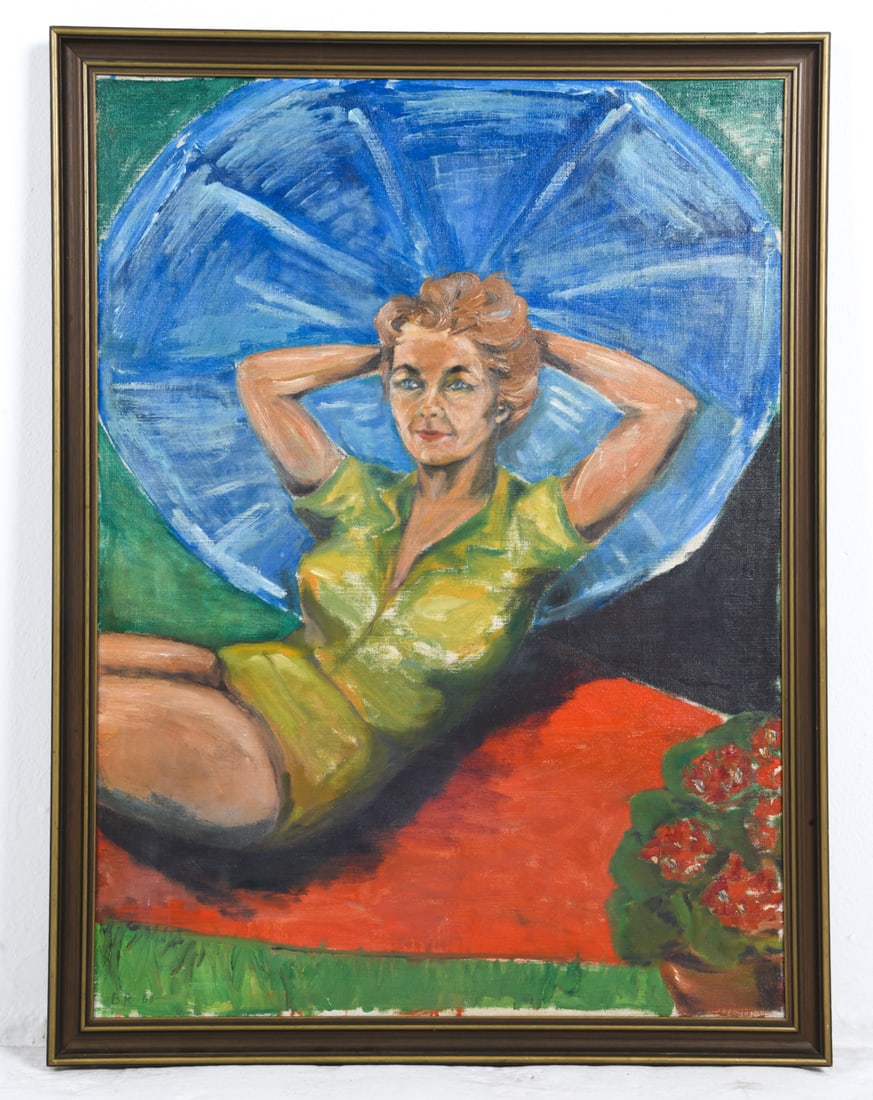 MID-CENTURY PORTRAIT OF A WOMAN O/C 1968: Signed 'B.P.' to lower left corner, dated 1968. Portrait of a woman in green. Oil on canvas. Denmark. Dimensions: Frame H 41" x W 30.75". Canvas H 37.5" x W 27.75". Condition: Minor scuffs to frame. C