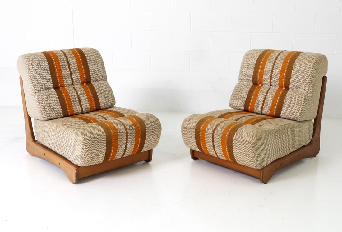 PAIR OF DANISH WOOL MODULAR SOFA CHAIRS C. 1970S: Striped wool cushions and armrests lounge chair, with beech frame. Denmark, circa 1970s. Dimensions: H 30" x W 49" x D 34" Condition: Minor scuffs and nicks to frame. Wear consistent with age and use.