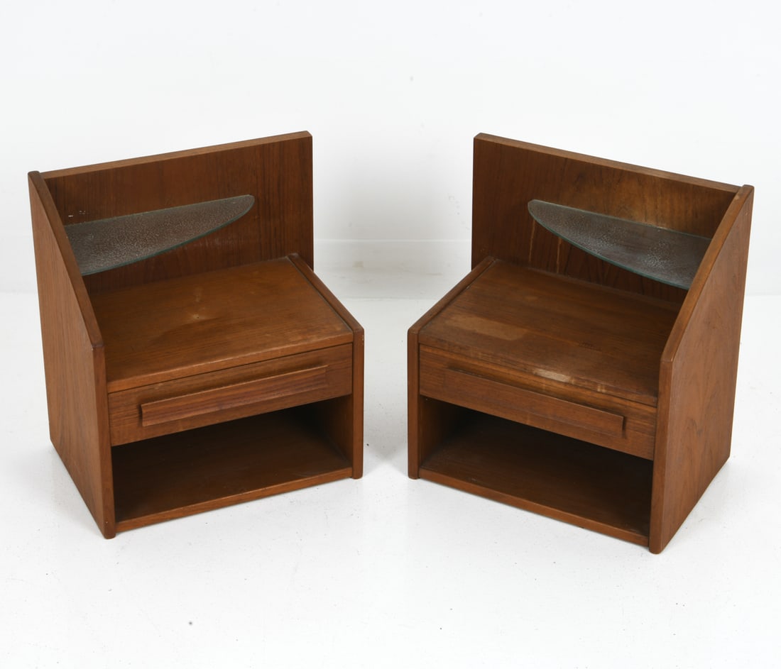 PAIR OF DANISH TEAK & GLASS NIGHTSTANDS C. 1960S: With one drawer and one glass shelf each. In teak frame. Denmark, circa 1960's. Dimensions: H 17" x W 15" x D 10.75" Condition: Stress crack to drawer, scratches and rubs to surface area, sun-fading p