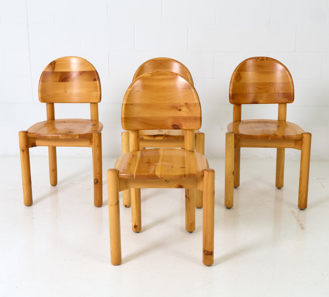 (4) RAINER DAUMILLER DANISH PINE CHAIRS C. 1970S: Cylindrical legs and rounded backrests. Apparently unmarked, Denmark, circa 1970s. Dimensions: H 33.5" x W 18.5" x D 17.5" x SH 18" Condition: Wear consistent with age and use. Scuffs and nicks. 56