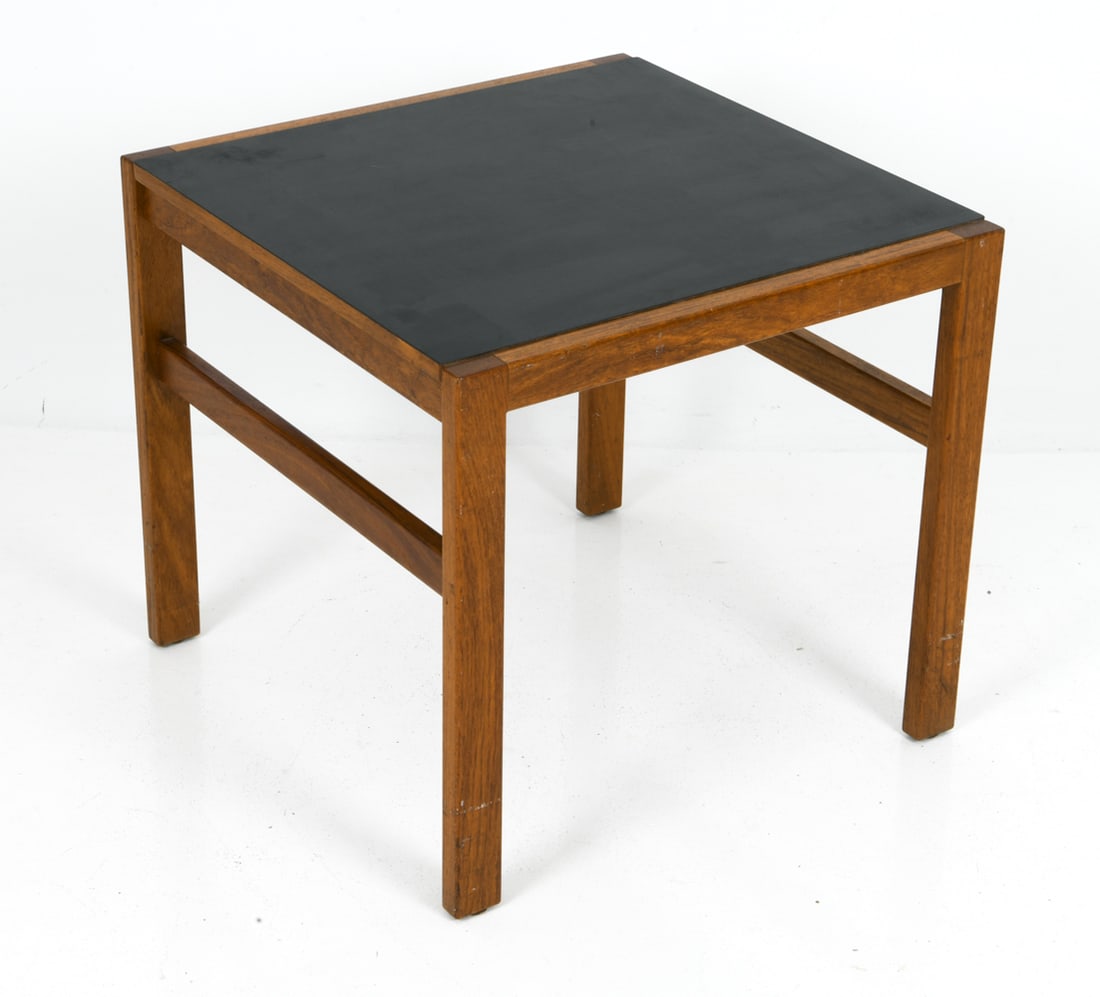 POUL HUNDEVAD STYLE DANISH TEAK SIDE TABLE: Teak framed side table with a black laminated top. Apparently unmarked. Dimensions: H 21.5" x W 23.5" x D 23.5" Condition: Dings, scuffs and surface scratches consistent with age and use.