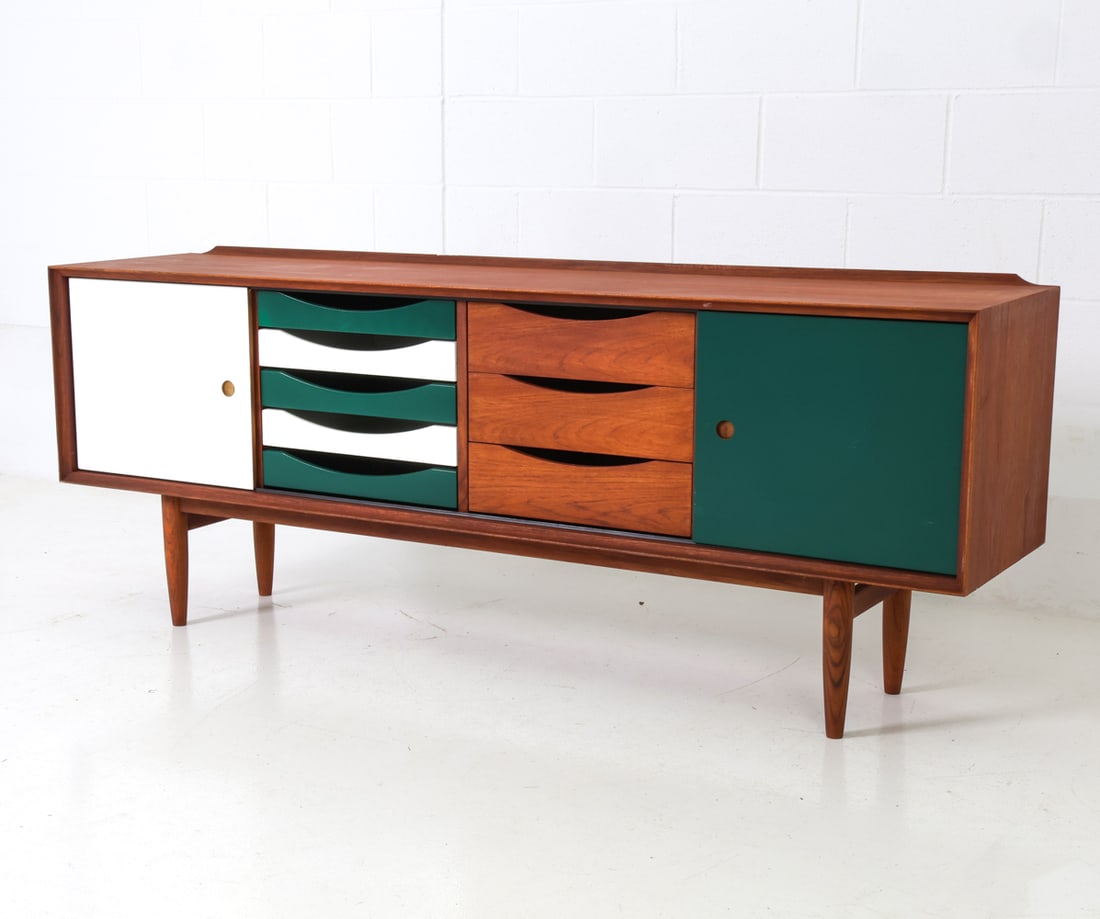 BRUNO HANSEN FOR J&P DESIGN DANISH TEAK SIDEBOARD: Sideboard by Bruno Hansen for J&P design. Lacquered green and white doors. Drawers with cut-out part to pull out. Apparently unmarked. Denmark. Dimensions: H 28" x W 71" x D 16.5" Condition: Very ligh