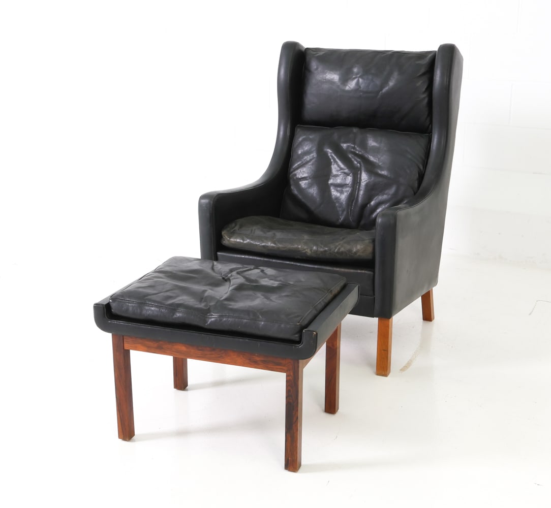 STYLE OF MOGENSEN LEATHER LOUNGE CHAIR & OTTOMAN (1 of 17)