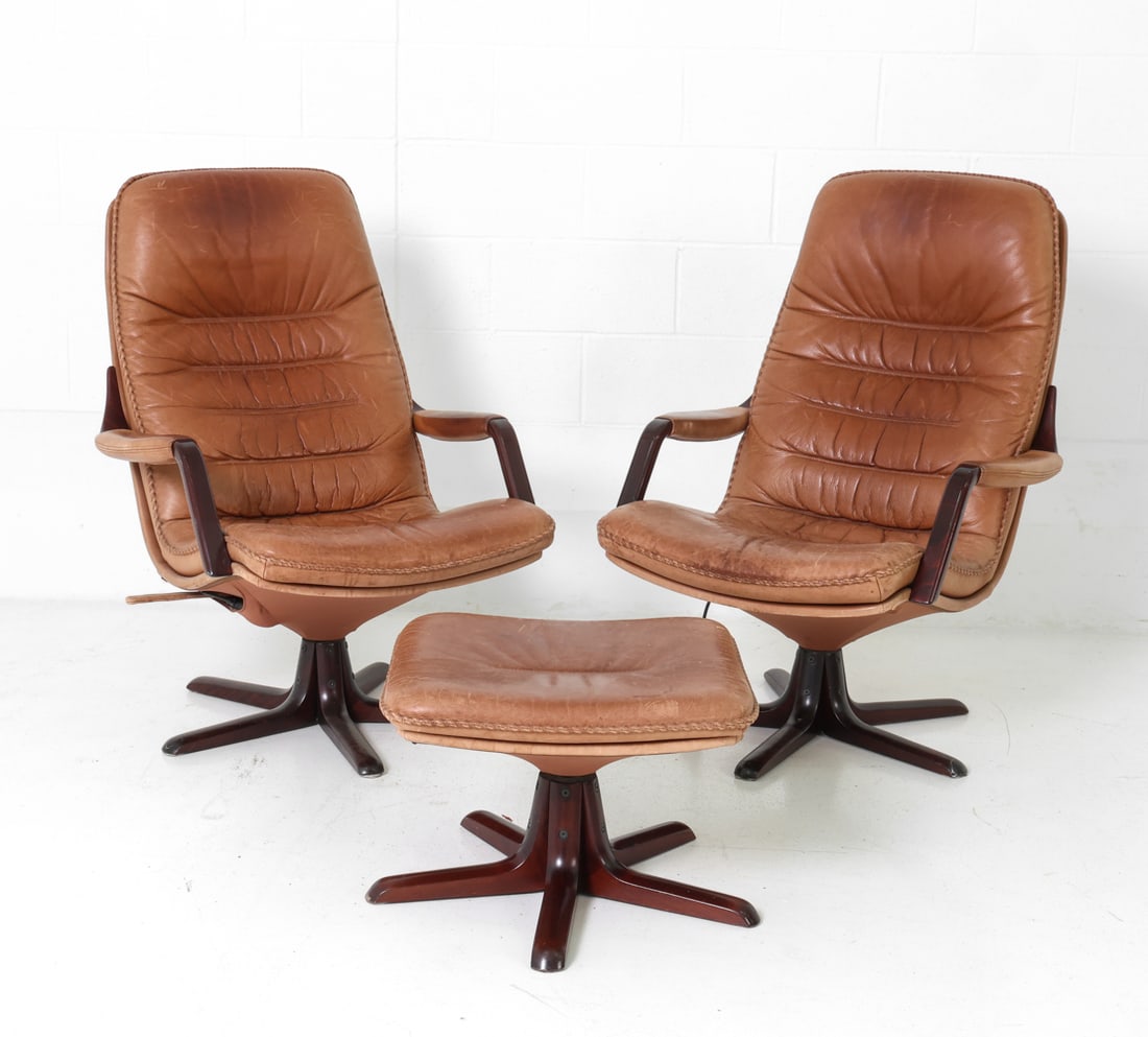 PAIR ATTR. BERG LEATHER CHAIRS & OTTOMAN 1970S (1 of 18)