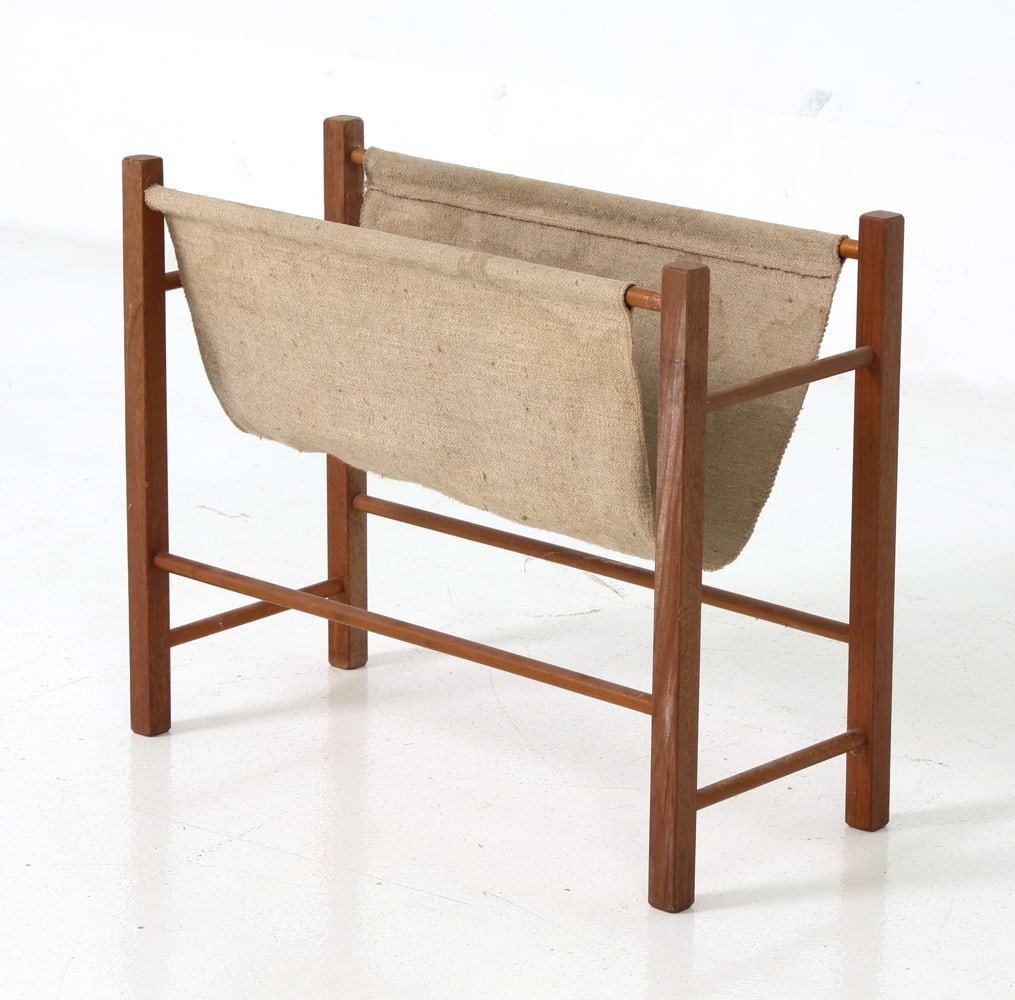 MID-CENTURY DANISH TEAK & CANVAS MAGAZINE RACK (1 of 16)