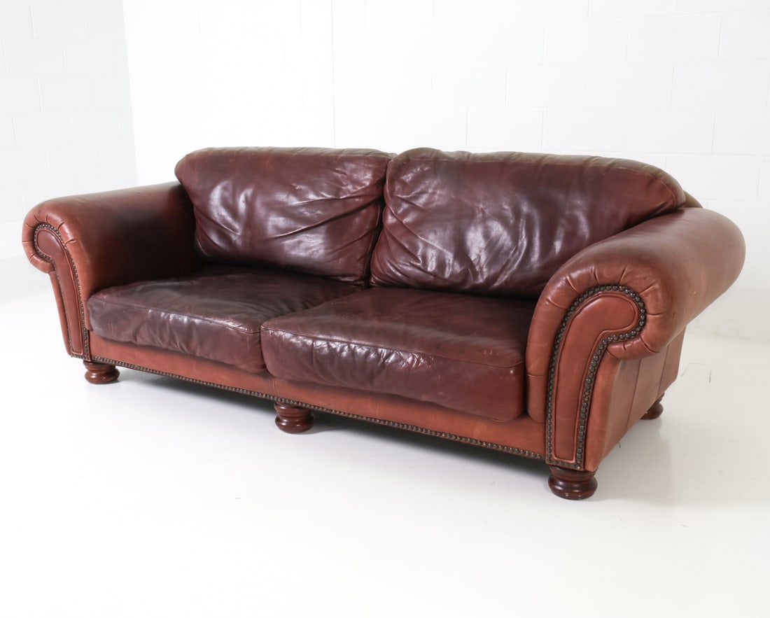 ITALIAN LEATHER ROLLED ARM SOFA C. 1970S (1 of 18)