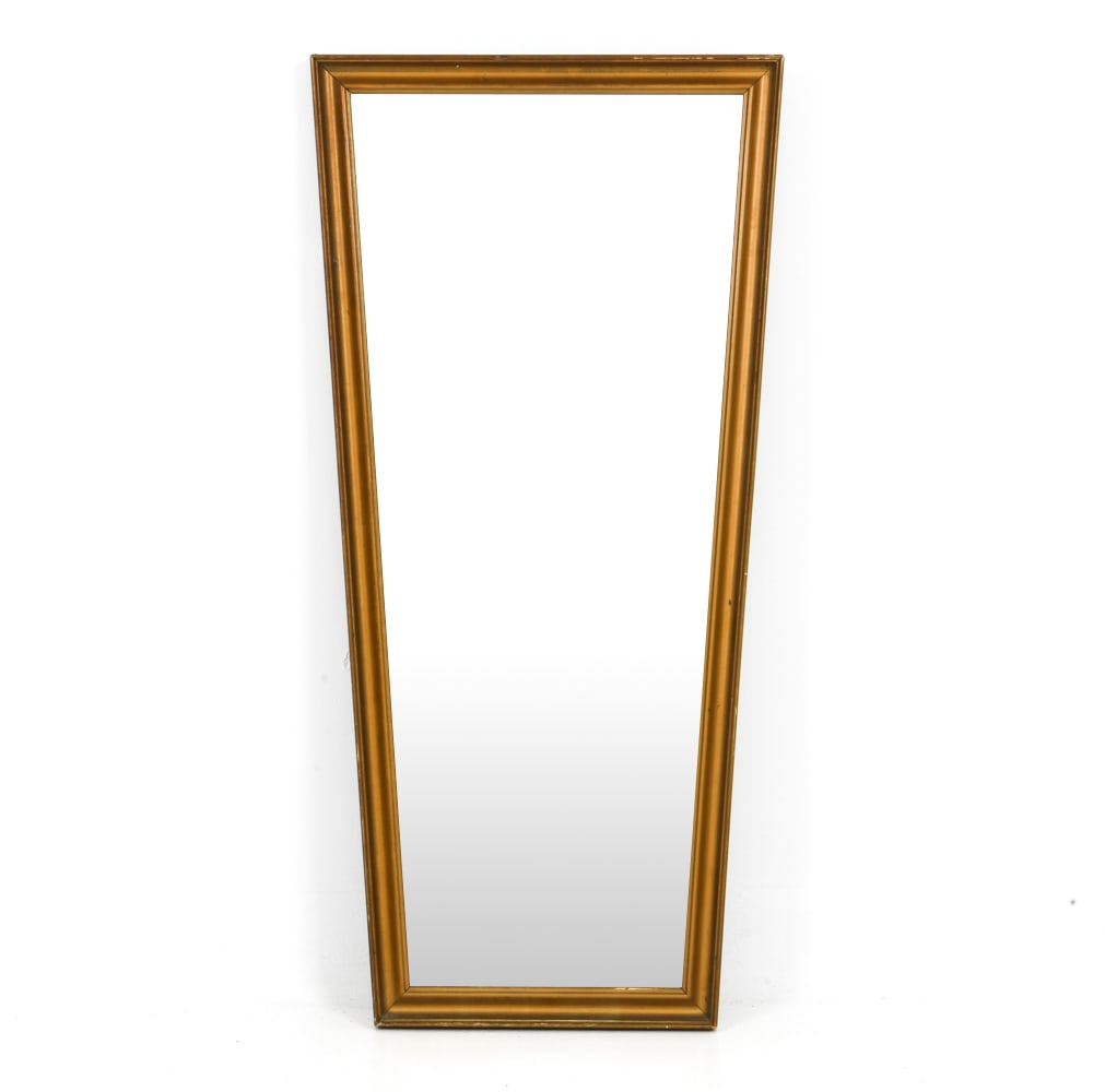 P. A. NIELSEN & CO DANISH GILT MIRROR: Gilt-tone frame mirror that narrows at the bottom. Label on backside giving maker and numbered. Dimensions: H 31.75" x W 15.5" Condition: Spots of soiling and desilvering to glass. Frame with few surf