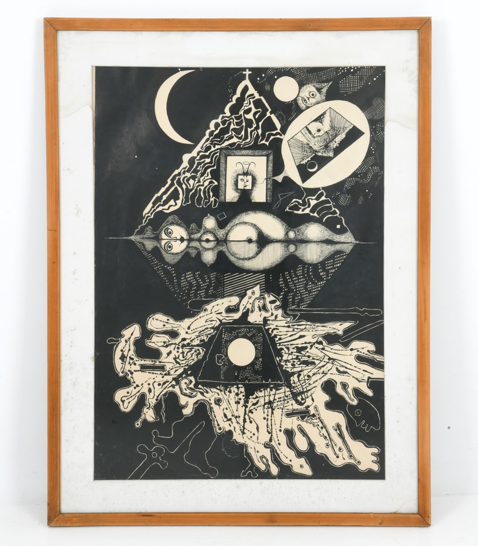 ODDVAR TORSHEIM (NORWEGIAN, B. 1938) ABSTRACT: Abstract drawing featuring surrealist elements and figures. Signed and dated 67 lower right. Label on backside in Danish saying "Gift from the Copenhagen Municipal Culture Fund". Dimensions: (Frame) H