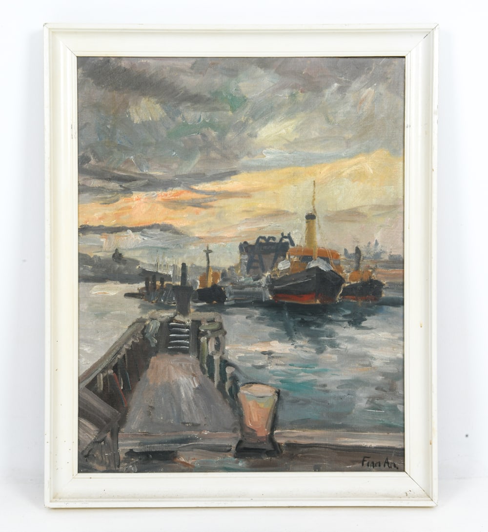 SCANDINAVIAN DOCK VIEW PAINTING O/C 20TH C.: Painting depicting vessels on the water at a dock. Possibly signed Frana lower right corner. Dimensions: (Frame) H 28.25" x W 22.75" (Canvas) H 24.75" x W 22.5" Condition: Surface marks and spots of s