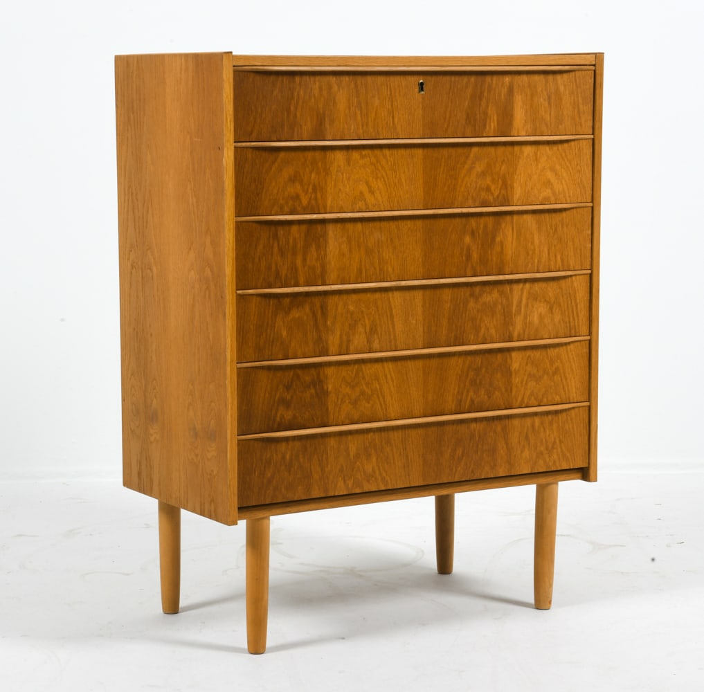 DANISH TEAK CHEST OF DRAWERS C. 1970S: Key Included. Denmark, circa 1970s. Dimensions: H 39.5" x W 30" x D 15.75". Condition: Wear consistent with age and use including minor rubs and scuffs to side and tops. G097