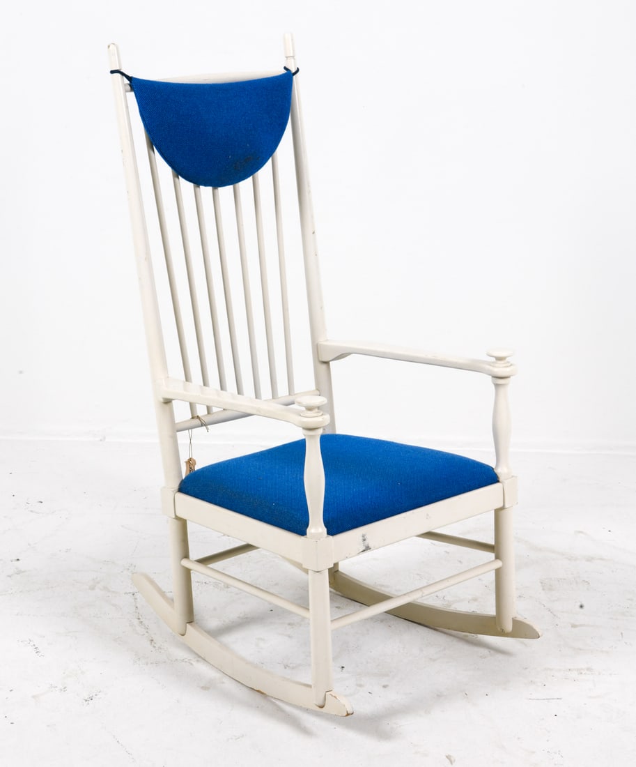KARL-AXEL ADOLFSSEN "ISABELLA" ROCKING CHAIR 1950S: For Gemla. Pine frame in white painted finish with blue wool upholstery. Apparently unmarked. Retail tag attached. Sweden, circa 1950s. Dimensions: H 46" x W 21.75" x D 28.5" x Sh 15.25". Condition: L