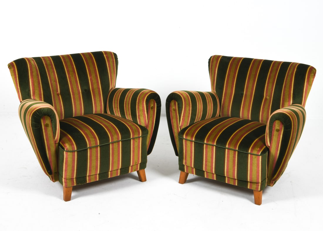 PAIR OF SCANDINAVIAN VELOUR LOUNGE CHAIRS C. 1960S: Striped patterned velour upholstery with beech legs. Scandinavian, circa 1960s. Dimensions: H 29.5" x W 33" x D 32.5" x Sh 15". Condition: Wear consistent with age and use. Slight sun fading. Nicks an