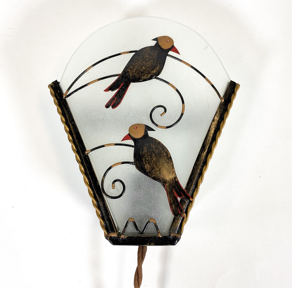DANISH METAL & GLASS BIRD WALL SCONCE C. 1950S: Steel frame with painted bird motif and glass shades. Denmark, circa 1950s. Dimensions: H 8.5" x W 7" x D 3". Condition: Not tested, European plug. Wear consistent with age and use.