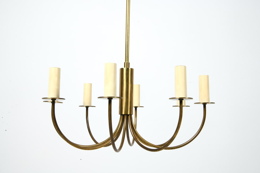 DANISH BRASS CHANDELIER C. 1970S: Brass 10-arm chandelier with candle-form lights. Denmark, circa 1970s. Dimensions: H 21.5 " x Dia. 21". Condition: Not tested, Wear consistent with age and use.
