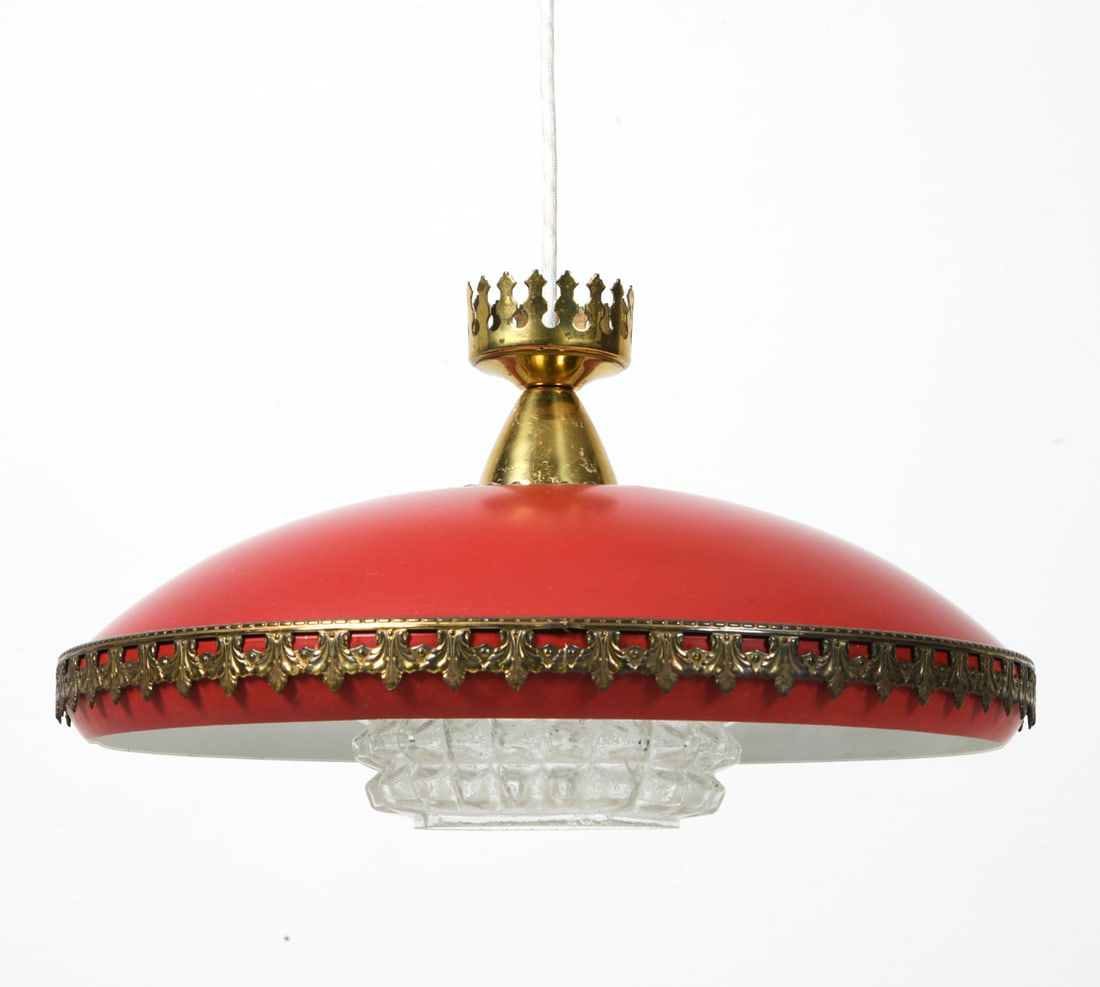 SCANDINAVIAN METAL AND GLASS PENDANT LIGHT C. 1960: Saucer pendant light with red aluminum shade and brass accents. Glass inner shade. Scandinavian, circa 1960s. Dimensions: H 9" x Dia. 14.5". Condition: Wiring untested. Minor scuffs and scratches to m