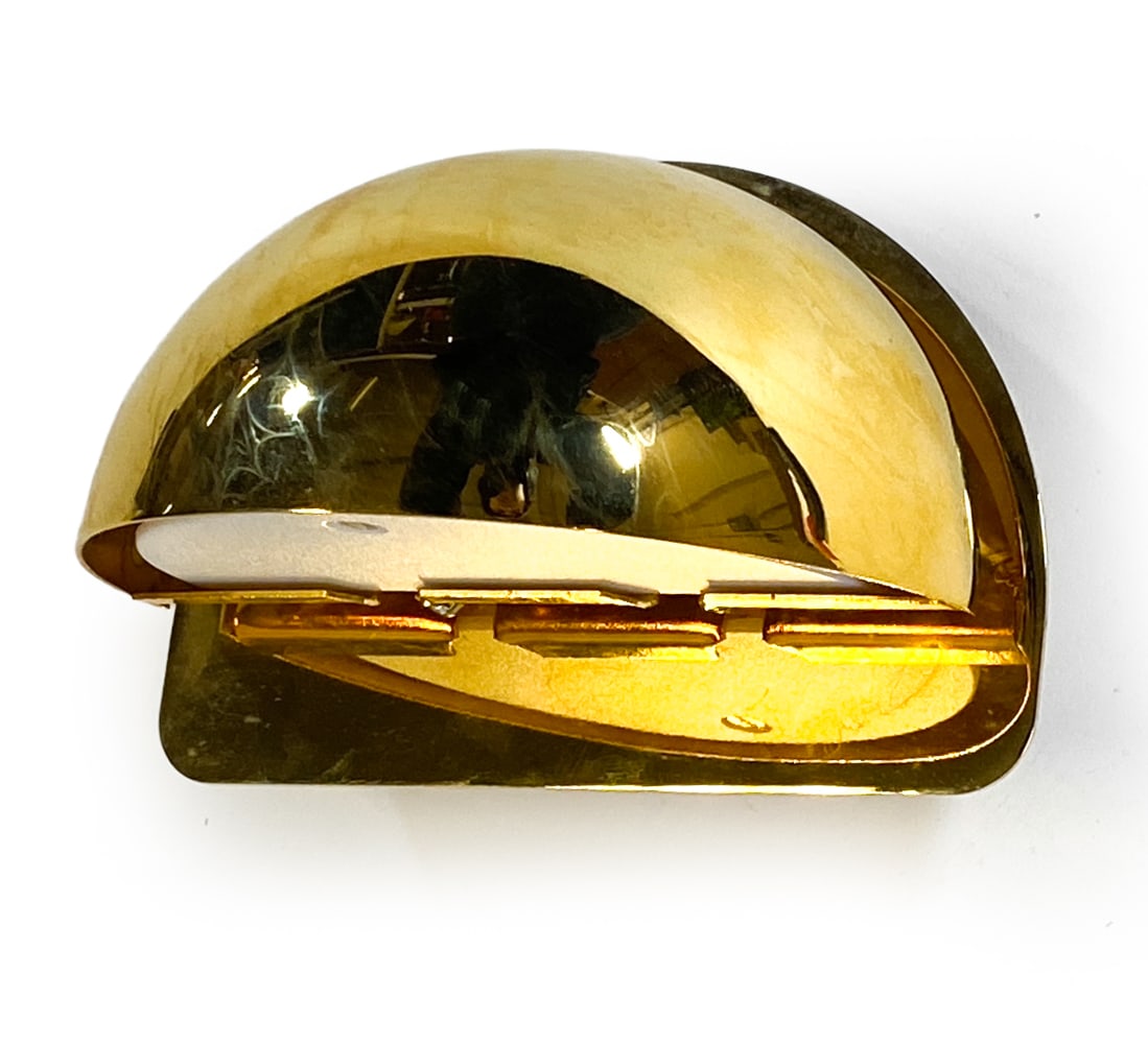 DANISH BRASS WALL SCONCE C. 1970S: Dimensions: H 3.5" x W 5" x D 3". Condition: Not tested, Wear consistent with age and use.