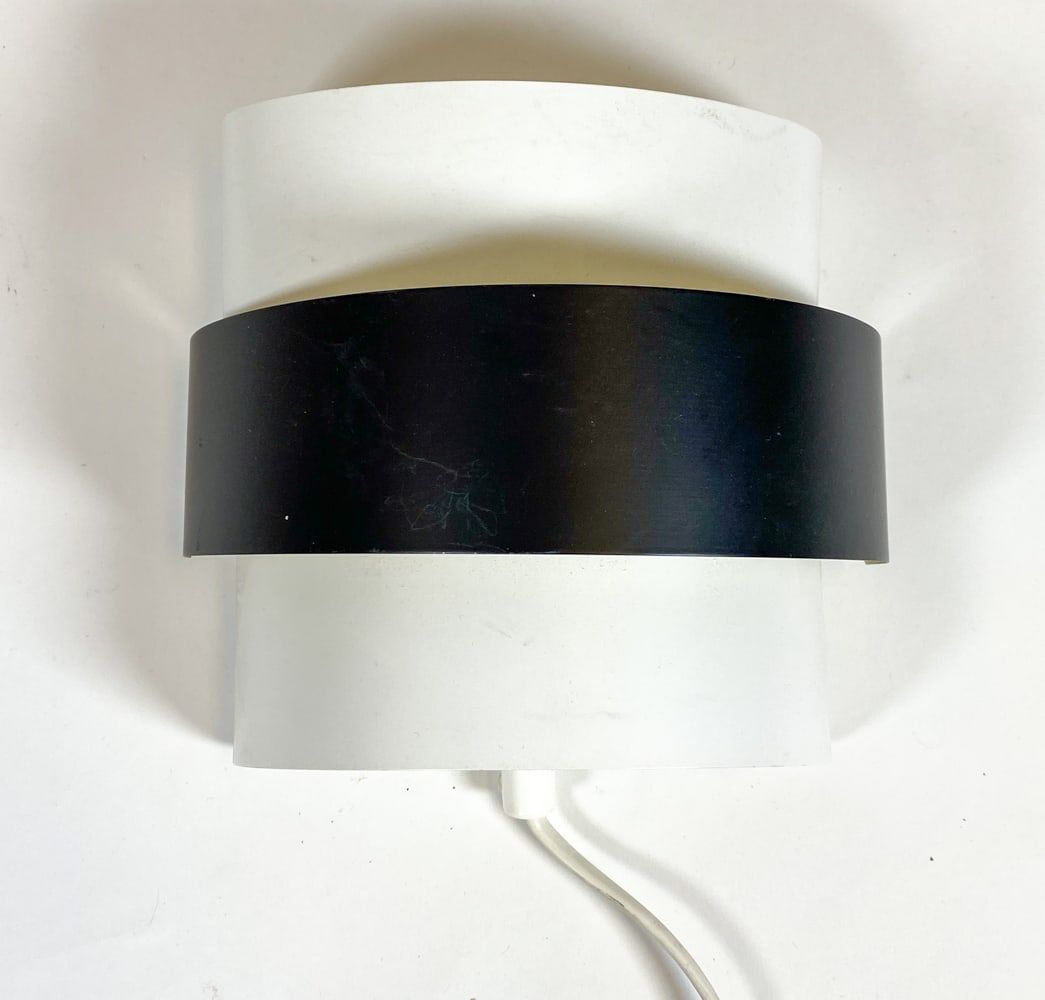 DANISH STEEL WALL SCONCE C. 1970S: Steel wall sconce. Denmark, circa 1970s. Dimensions: H 6.25" x W 7" x D 4". Condition: Not tested, Wear consistent with age and use.
