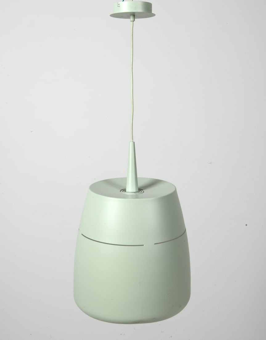 FRANDSON CONTEMPORARY PENDANT LIGHT: Tagged to canopy. Dimensions: H 19" x W " x Dia. 14". Condition: Small dent to shade. Untested. Wear consistent with age and use.