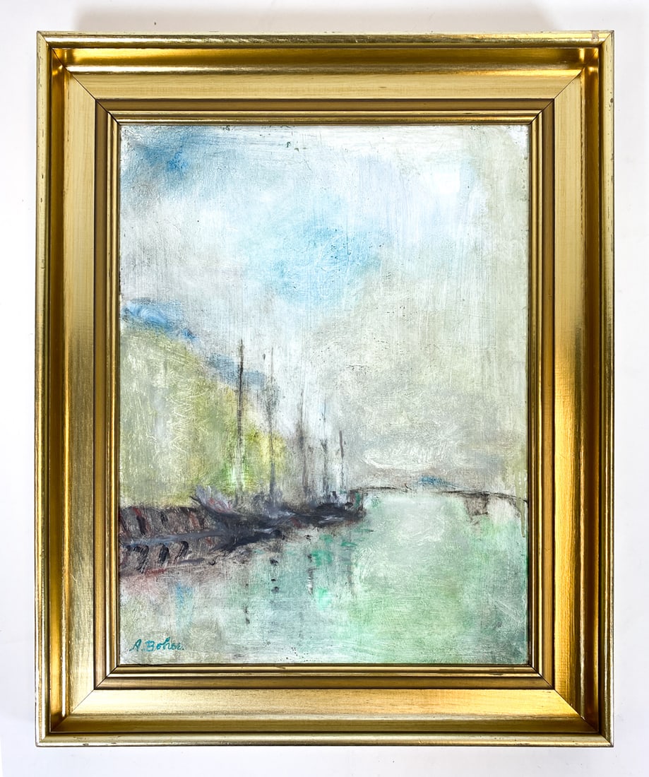 A. BOHSE (20TH C.) HARBOR PAINTING O/C: Signed to lower left corner. Harbor painting with tall ships in Expressionist style. Oil on canvas. Mid 20th century. Dimensions: Frame H 23" x W 18.75". Canvas H 18.5" x W 14.5". Conditions: Minor di
