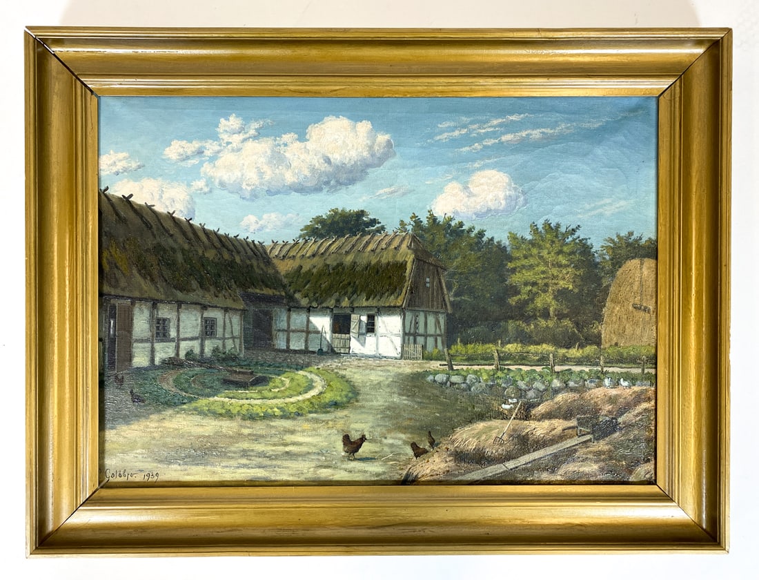 GOLDBRO (20TH C.) DANISH FARM SCENE O/C 1939: Signed to lower left corner and dated 1939. Farm scene with chickens. Oil on canvas. Mid 20th century. Dimensions: Frame H 21.5" x W 28.5". Canvas H 17.5" x W 24.5". Conditions: Minor dings and rubs t