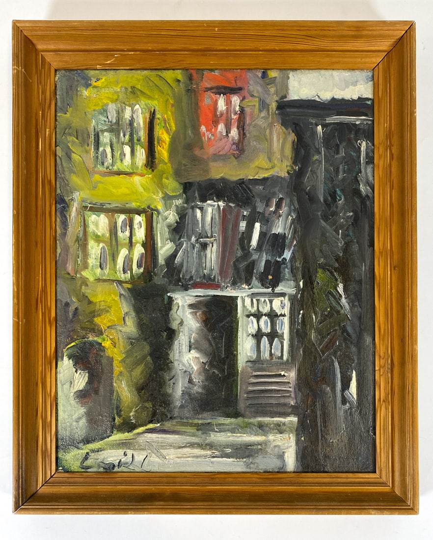 SCANDINAVIAN ABSTRACT BUILDING PAINTING O/C (1 of 11)