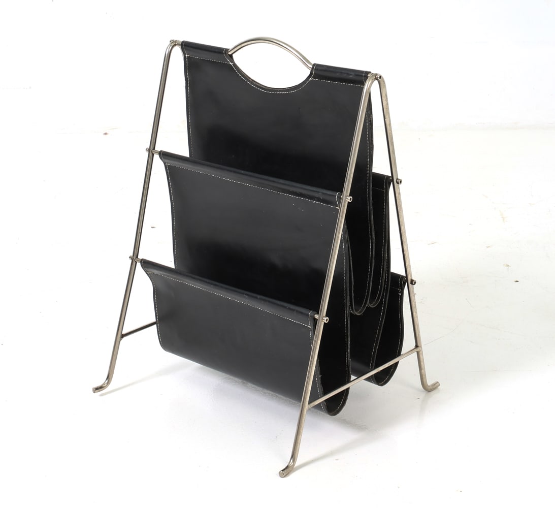 DUTCH LEATHER & STEEL MAGAZINE RACK C. 1960S (1 of 17)
