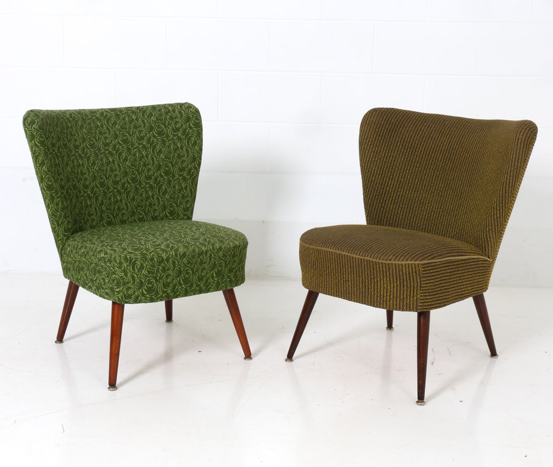 (2) SCANDINAVIAN COCKTAIL CHAIRS C. 1950S: Two cocktail or slipper chairs on splayed teak legs. One chair with green circular pattern upholstery and another with brown upholstery. Denmark, circa 1950s. Dimensions: H 29" x W 23" x D 24" x SH 15