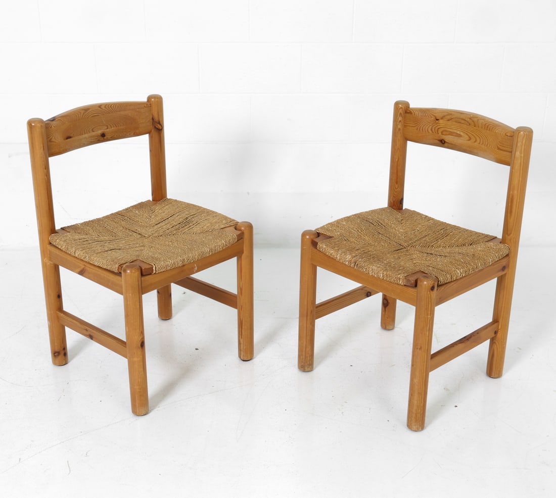PAIR SCANDINAVIAN PINE & RUSH DINING CHAIRS 1970S - 2