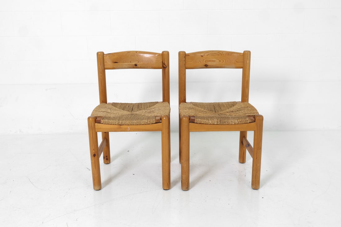 PAIR SCANDINAVIAN PINE & RUSH DINING CHAIRS 1970S - 3
