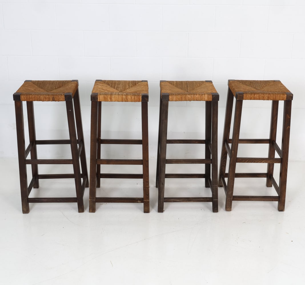 (4) DUTCH OAK & RUSH BARSTOOLS C. 1960S (1 of 17)