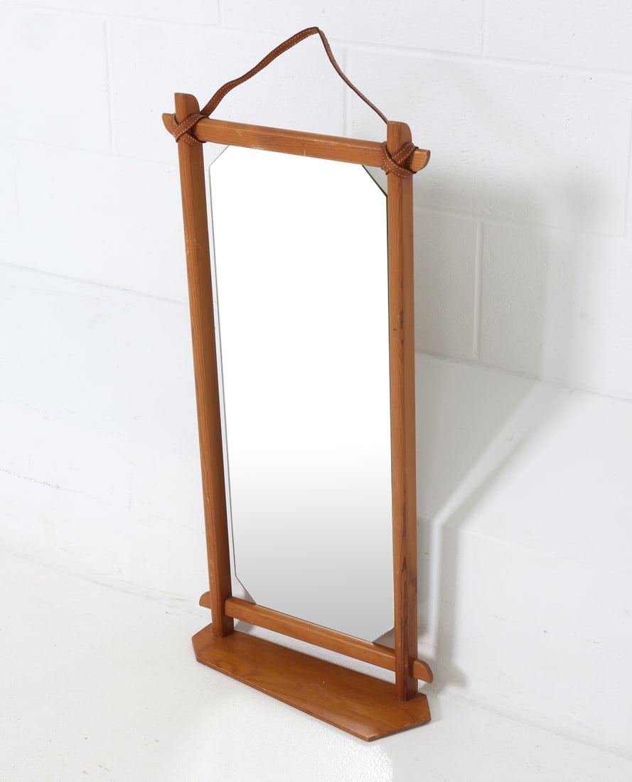 SWEDISH PINE & LEATHER MIRROR W/ SHELF C. 1960S (1 of 14)