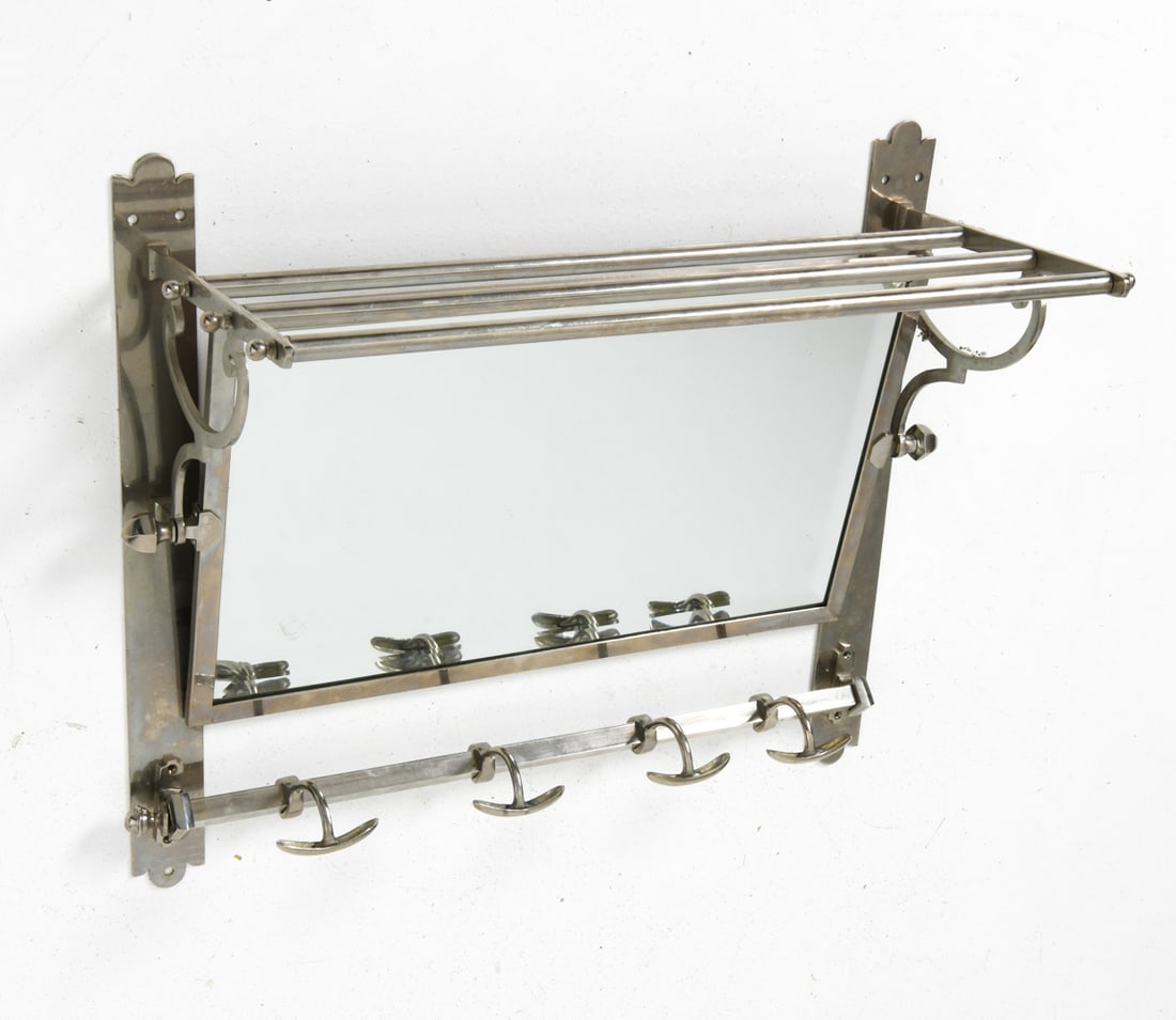 FRENCH NICKEL COAT RACK W/ MIRROR: Coat rack with a pivoting beveled mirror and four hooks. Train luggage rack inspired design. Nickel plated frame. France. Dimensions: H 20" x W 22" x D 10" Condition: Wear consistent with age and use.