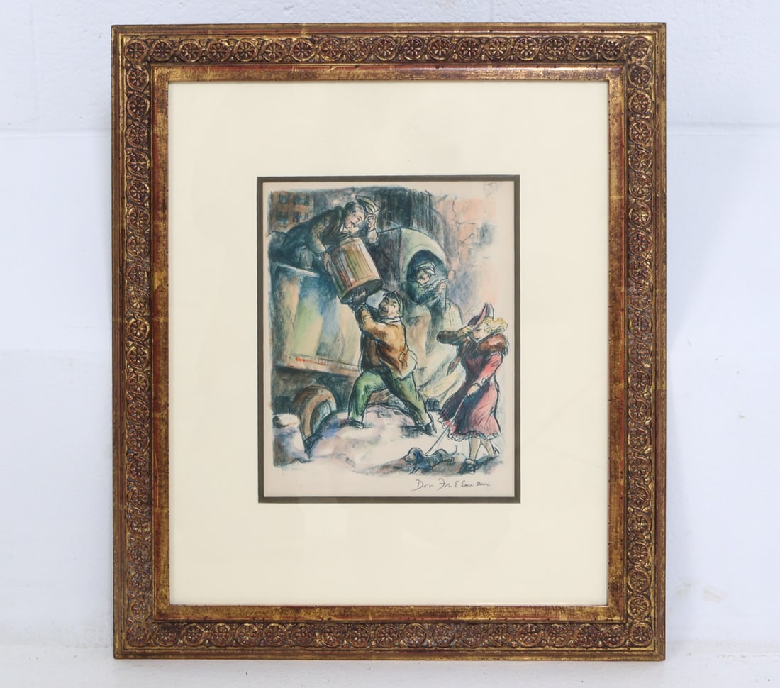 DON FREEMAN(1901-1978) HAND COLORED LITHOGRAPH: "Garment District" by Don Freeman. Signed lower right. Dimensions: (Frame) H 20" x W 17" (Sight) H 11" x W 8" Condition: Wear consistent with age. Toning to mat.