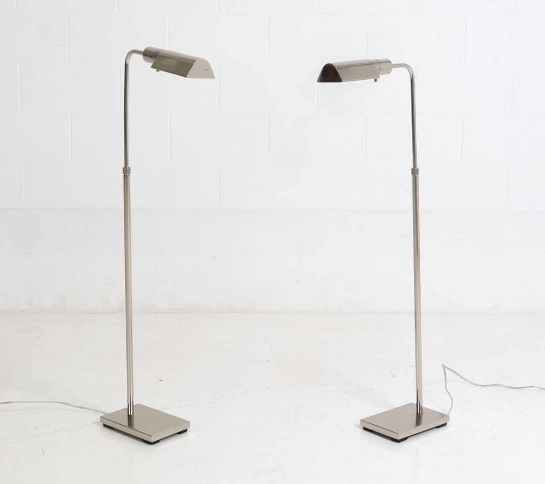 PAIR OF KOCH & LOWY STYLE CHROME FLOOR LAMPS: Pair of chrome floor lamps with adjustable heights and 360 degree pivoting heads. Apparently unmarked. Dimensions: H 44.25" x W 6" x D 15.75" Condition: Not tested, Wear consistent with age and use.