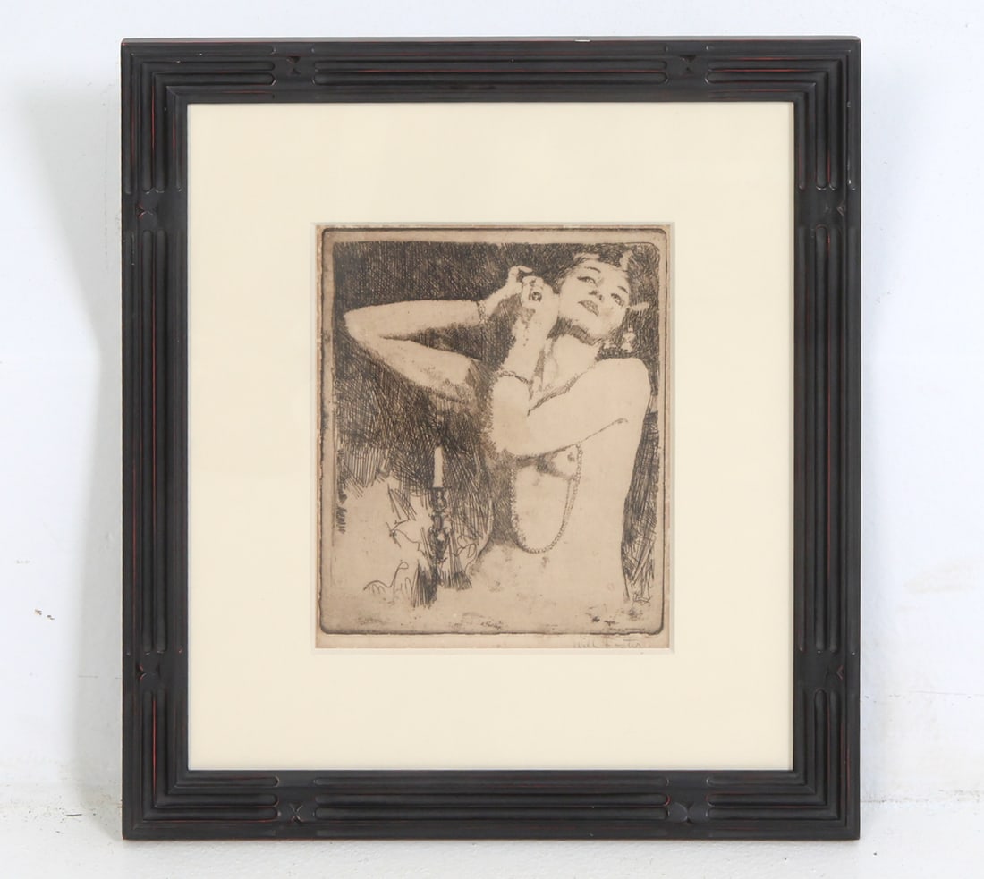 WILL FOSTER (1883-1953) FEMALE NUDE ETCHING: Signed lower right. Early 20th Century. Dimensions: (Frame) H 16.5" x W 15.75" (Sight) H 9" x W 7" Condition: Wear consistent with age. Toning to mat.