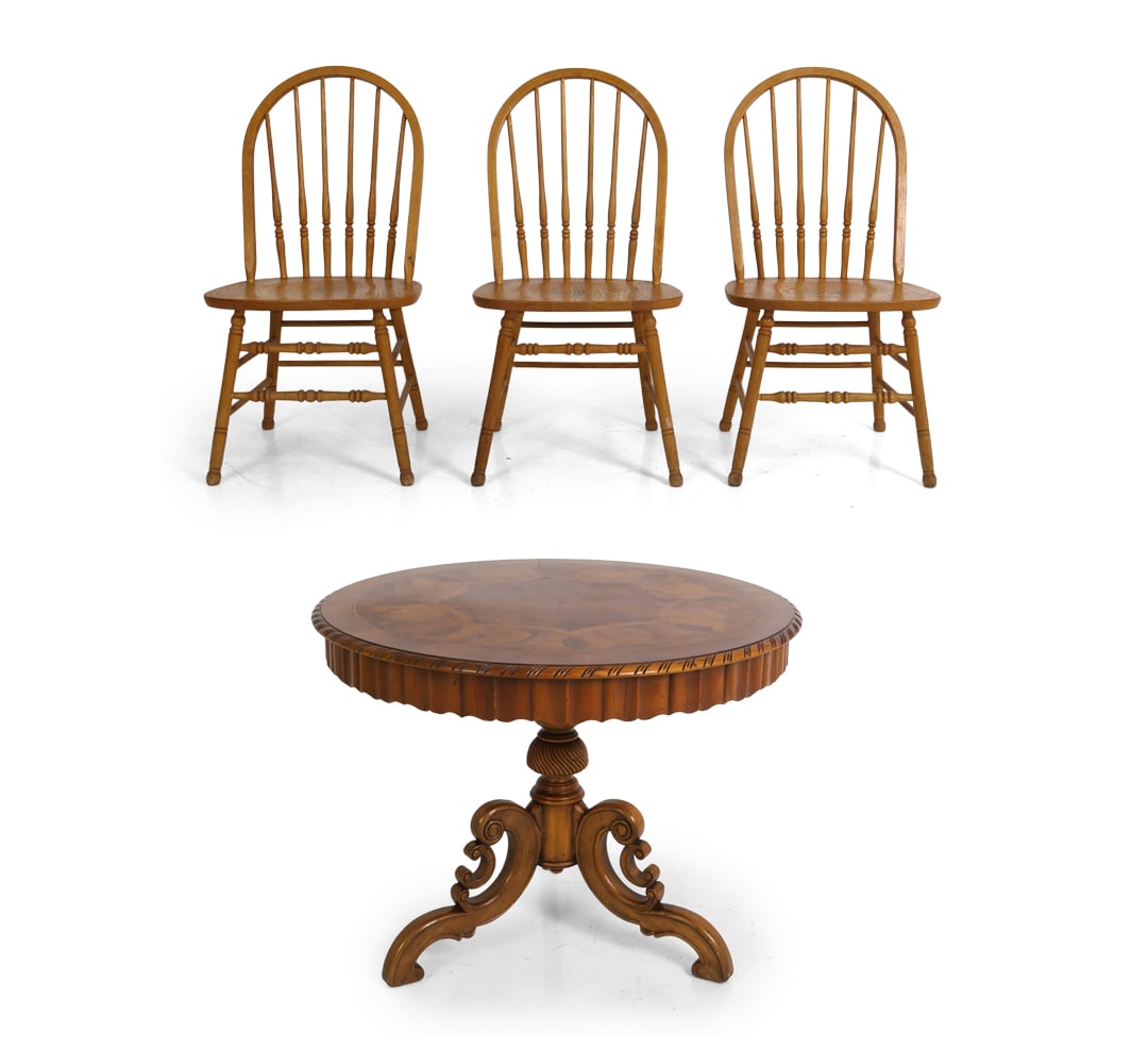 ALFONSO MARINA "POTOSINA" TABLE WITH (3) CHAIRS: Potosina center table made from walnut and burlwood, featuring hand-carved and crafted details, Mexico circa 2002, labeled underneath. Also includes a group of (3) oak Windsor spindle-back dining