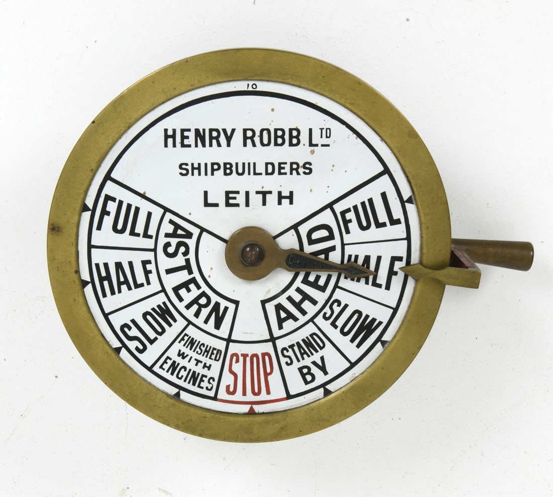 HENRY ROBB ANTIQUE SHIP ENGINE ORDER TELEGRAPH: An antique ship's communication device used to transmit commands across the ship. Leith, Scottland, circa mid-1900s. Created by Henry Robb LTD. Dimensions: H 15.5" x W 12.5" x D 6" Condition: Untested