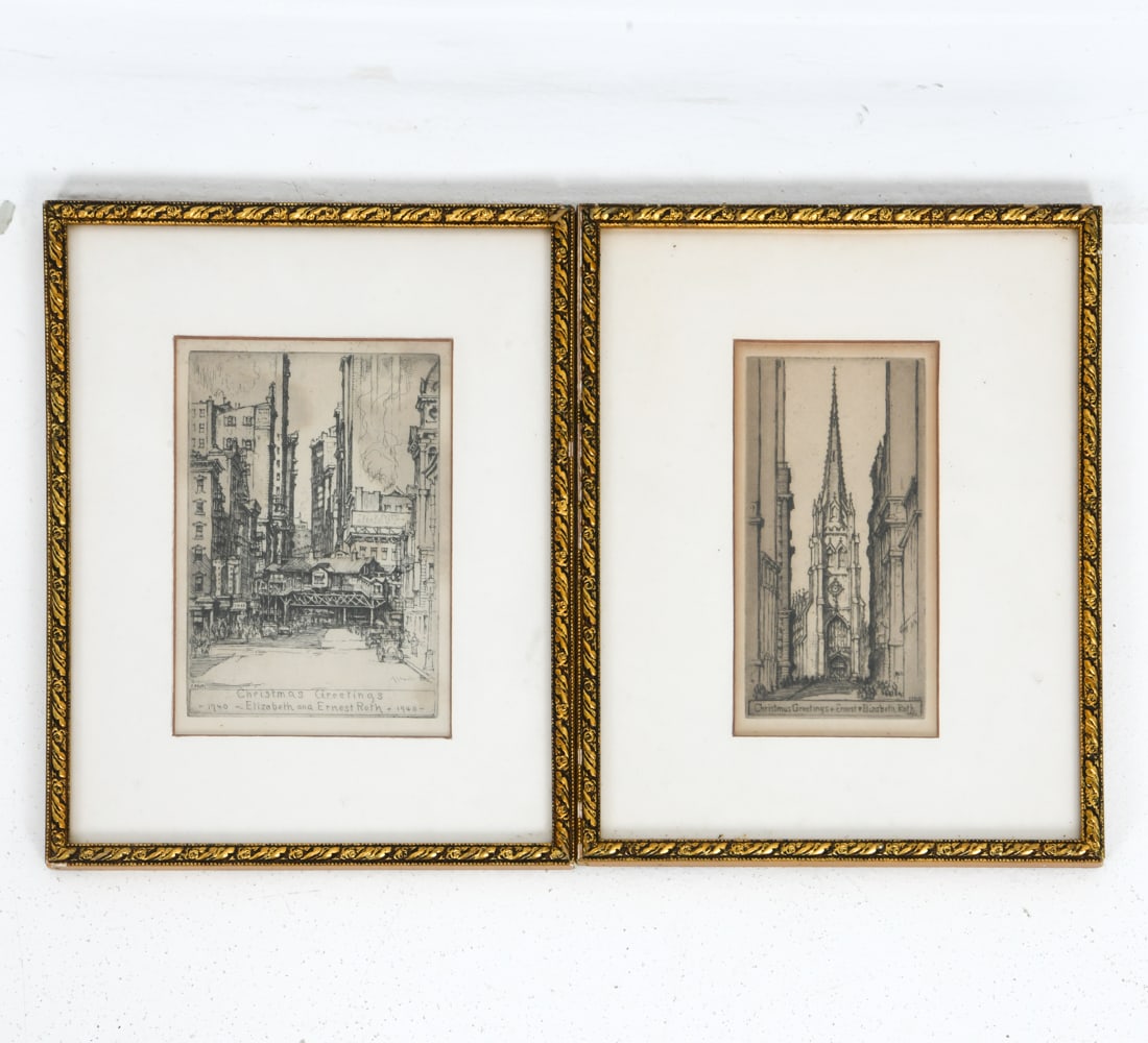 ERNEST D. ROTH (AMERICAN 1879 - 1964) ETCHINGS: Two vintage Christmas card etchings titled "Christmas Greetings". Dimensions: Largest (Frame) H 10.75" x W 8.25" (Sight) H 6.5" x W 4.5" Condition: Wear consistent with age. Toning to mat and surface