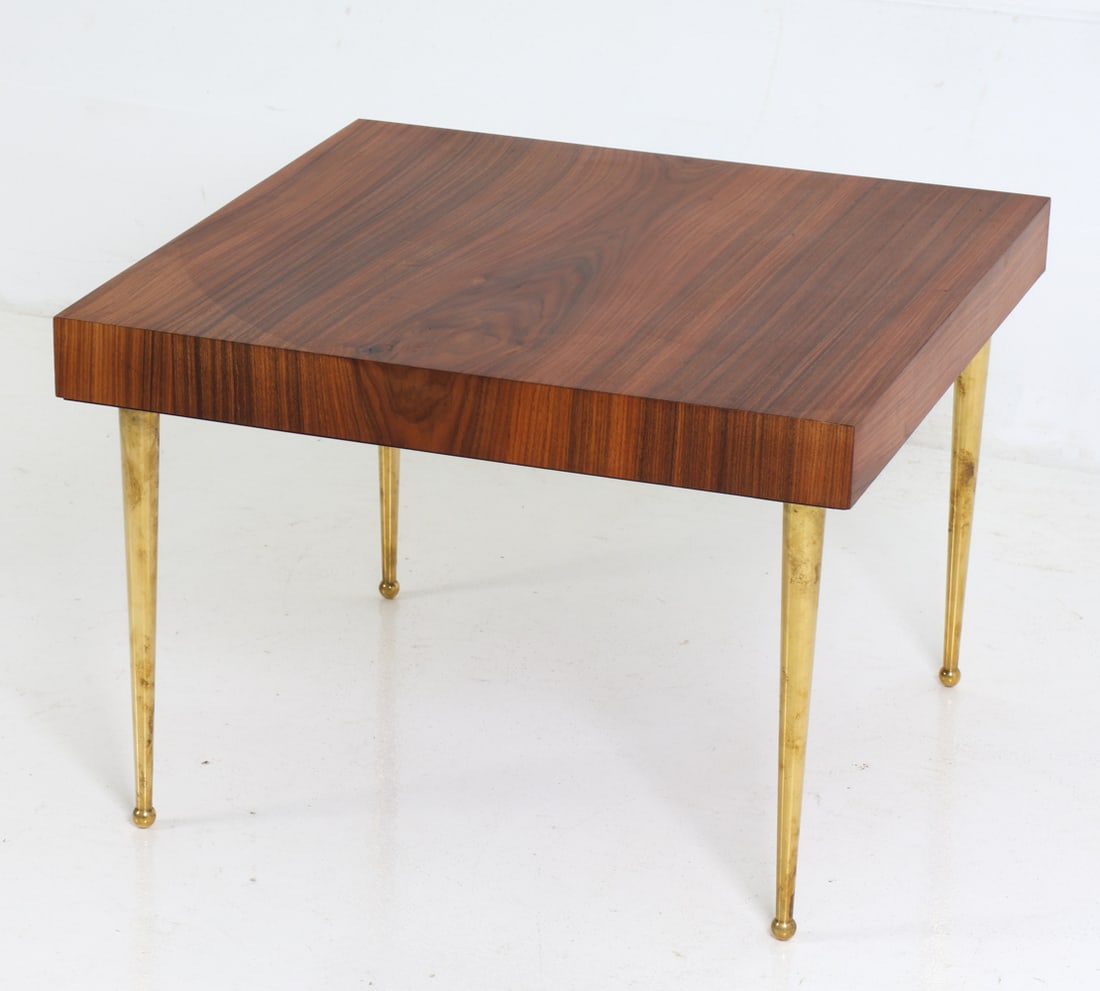 GIBBINGS STYLE ROSEWOOD & BRASS COFFEE TABLE: Rosewood frame coffee table or occasional table with tapered brass legs. Dimensions: H 16.75" x W 24" x D 24" Condition: Wear consistent with age and use. Very light scuffs to top and legs.